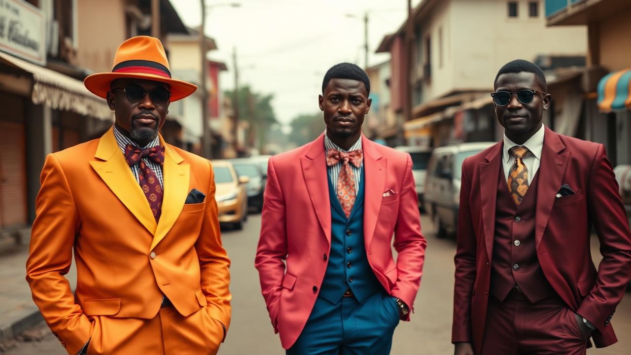Sapeurs de Bacongo posant dans une rue de Kinshasa